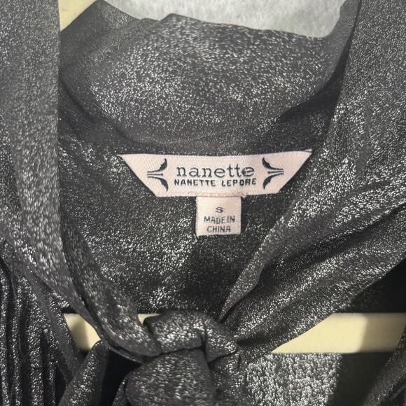 Nanette Lepore Blouse Small Metallic Sheer Sleeve Neck Bow Tie Cord Pleated - Picture 8 of 13